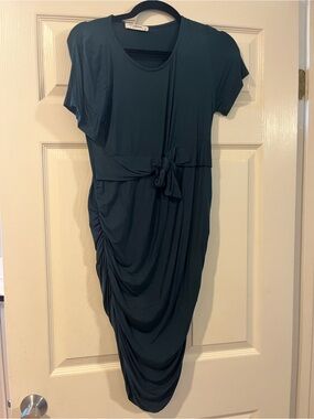 Short-Sleeve Tie-Waist Draped Midi Dress in Teal